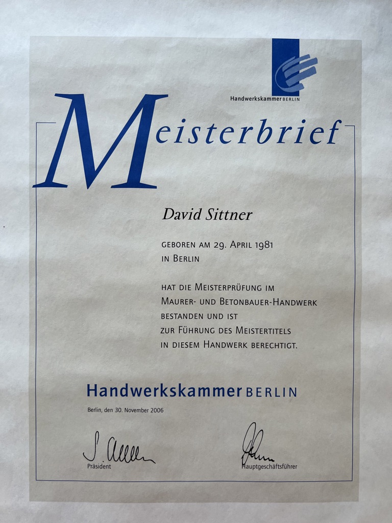 Meisterbrief des Maurermeisters David Sittner